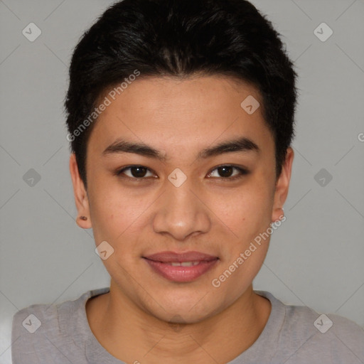 Joyful latino young-adult male with short  brown hair and brown eyes