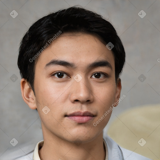 Neutral white young-adult male with short  black hair and brown eyes