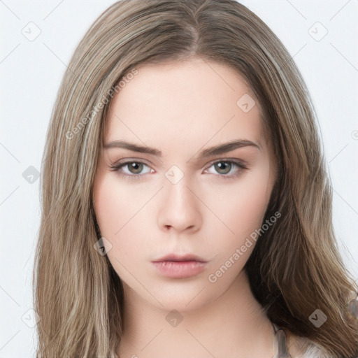 Neutral white young-adult female with long  brown hair and brown eyes