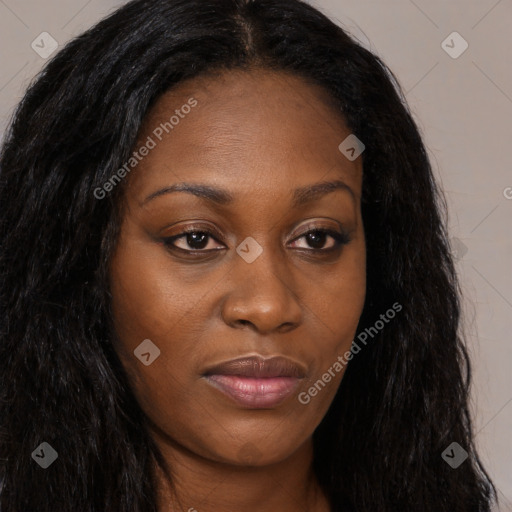 Joyful black young-adult female with long  brown hair and brown eyes