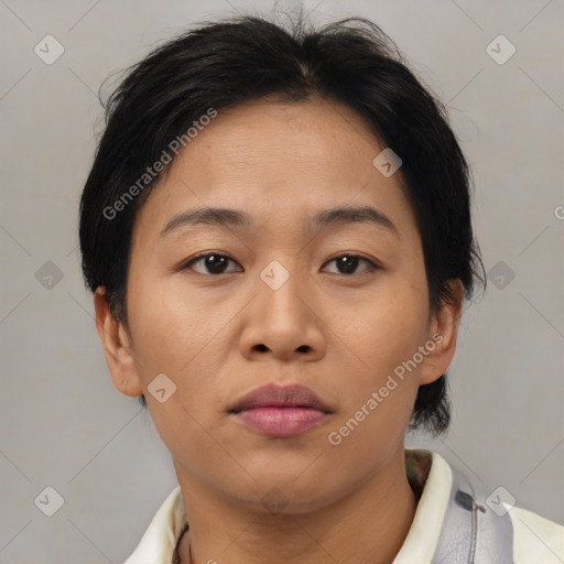 Neutral asian young-adult female with medium  brown hair and brown eyes