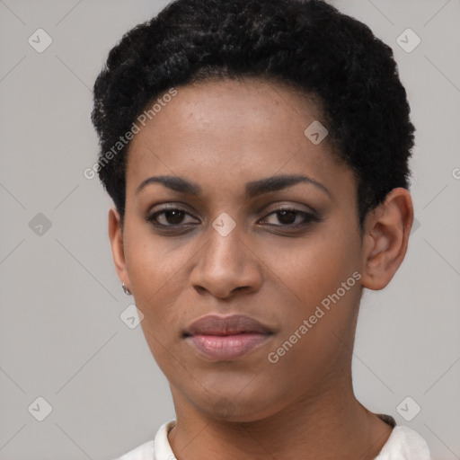 Neutral black young-adult female with short  black hair and brown eyes