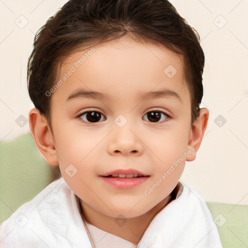 Joyful white child female with short  brown hair and brown eyes