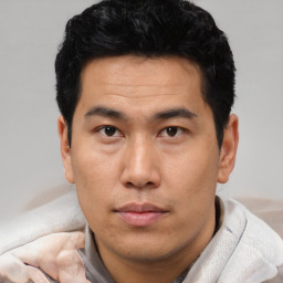 Neutral asian young-adult male with short  black hair and brown eyes