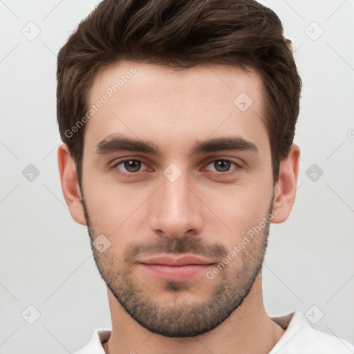 Neutral white young-adult male with short  brown hair and brown eyes