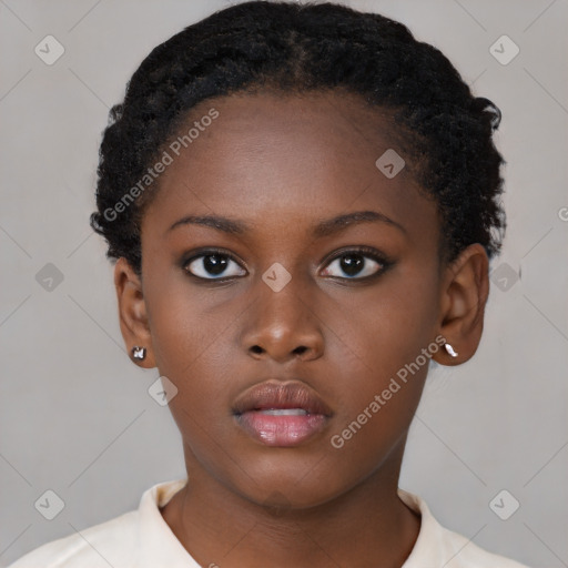 Neutral black young-adult female with short  brown hair and brown eyes