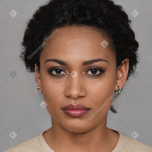 Neutral black young-adult female with short  black hair and brown eyes