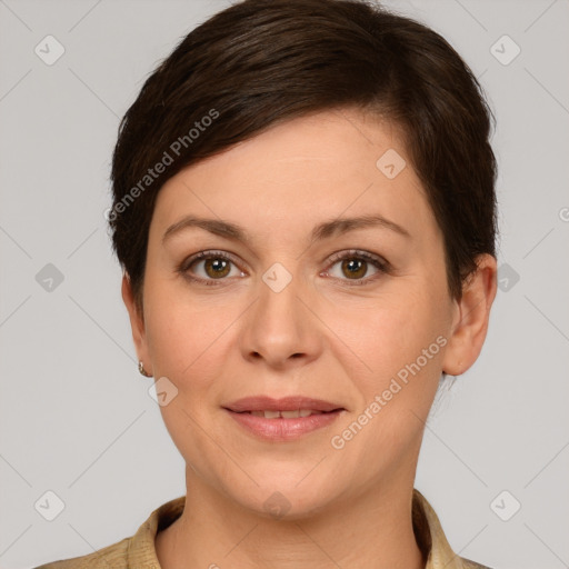 Joyful white young-adult female with short  brown hair and brown eyes