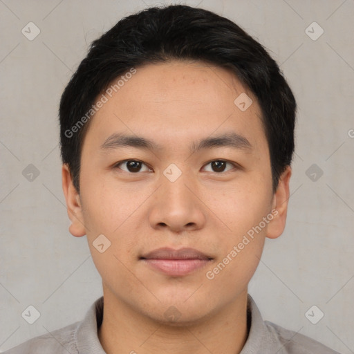 Neutral asian young-adult male with short  black hair and brown eyes