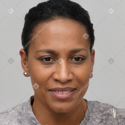 Joyful black young-adult female with short  brown hair and brown eyes