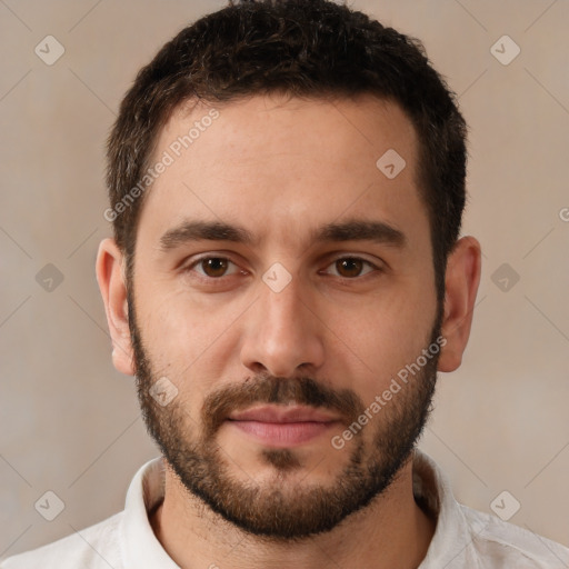 Neutral white young-adult male with short  brown hair and brown eyes