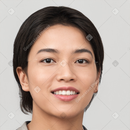 Joyful white young-adult female with medium  brown hair and brown eyes