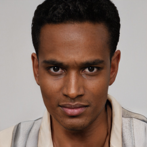 Neutral black young-adult male with short  black hair and brown eyes