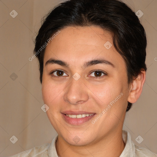 Joyful white young-adult female with short  brown hair and brown eyes