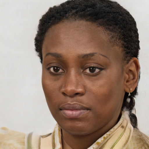 Neutral black young-adult female with short  brown hair and brown eyes