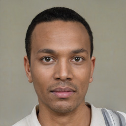 Neutral latino young-adult male with short  black hair and brown eyes