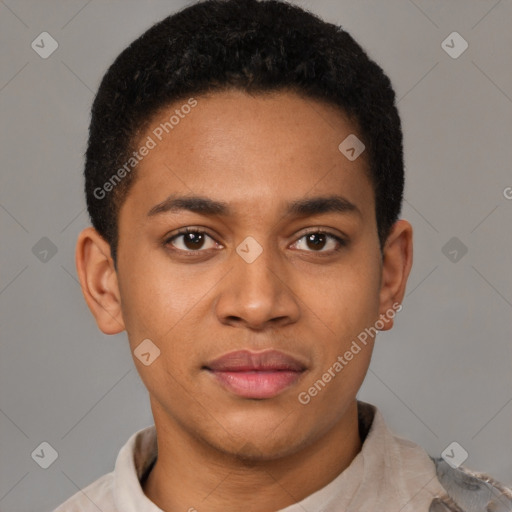 Joyful latino young-adult male with short  brown hair and brown eyes