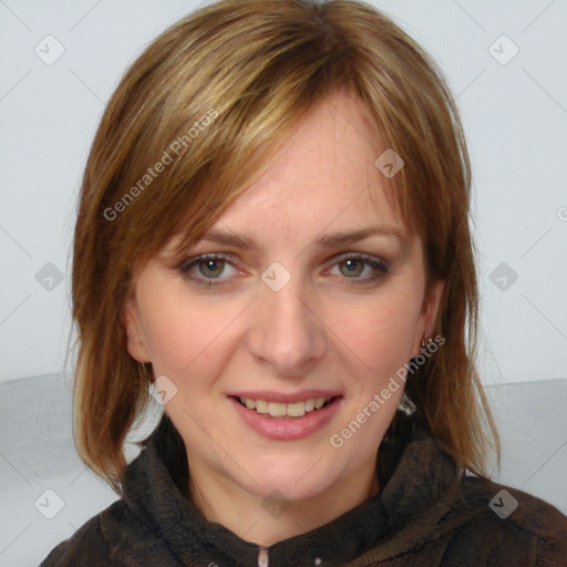 Joyful white young-adult female with medium  brown hair and blue eyes