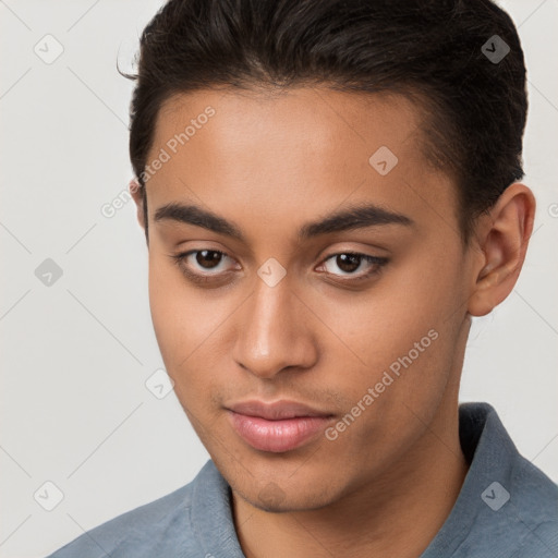 Neutral white young-adult male with short  brown hair and brown eyes