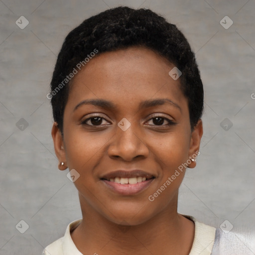 Joyful black young-adult female with short  black hair and brown eyes