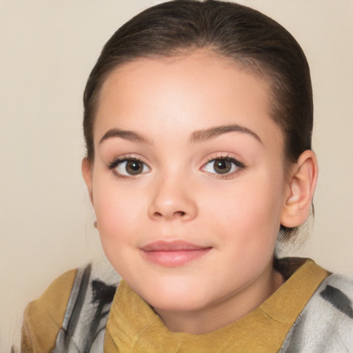 Joyful white child female with medium  brown hair and brown eyes