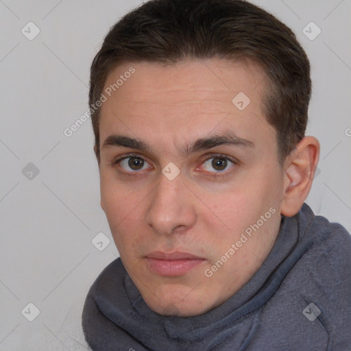 Neutral white young-adult male with short  brown hair and brown eyes