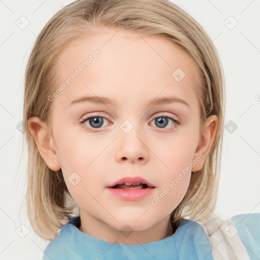 Neutral white child female with medium  brown hair and blue eyes