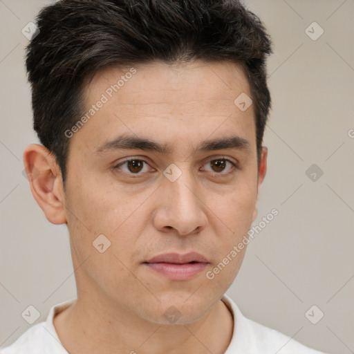 Neutral white young-adult male with short  brown hair and brown eyes