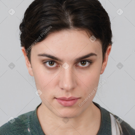 Neutral white young-adult female with short  brown hair and brown eyes