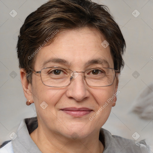 Joyful white adult female with short  brown hair and brown eyes