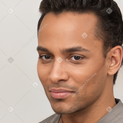 Neutral white young-adult male with short  brown hair and brown eyes