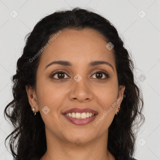 Joyful latino young-adult female with long  brown hair and brown eyes