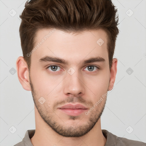 Neutral white young-adult male with short  brown hair and grey eyes