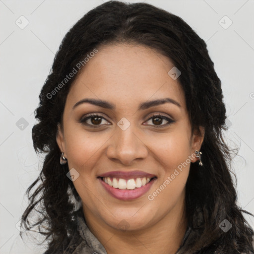 Joyful latino young-adult female with long  brown hair and brown eyes