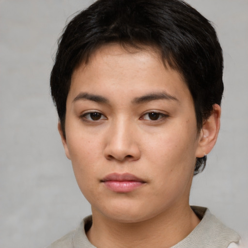 Neutral asian young-adult female with short  brown hair and brown eyes