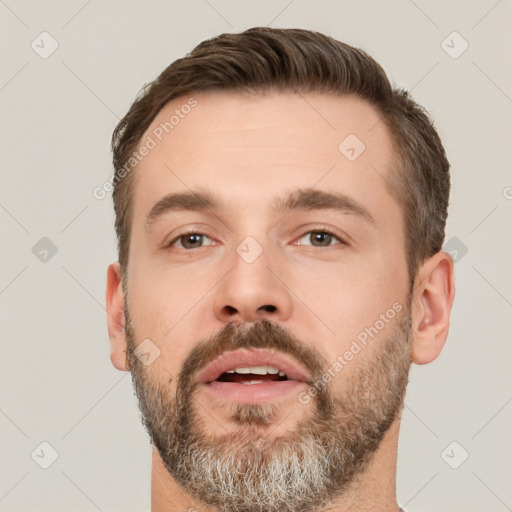 Neutral white young-adult male with short  brown hair and brown eyes