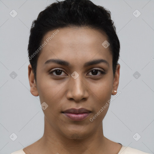 Joyful latino young-adult female with short  black hair and brown eyes