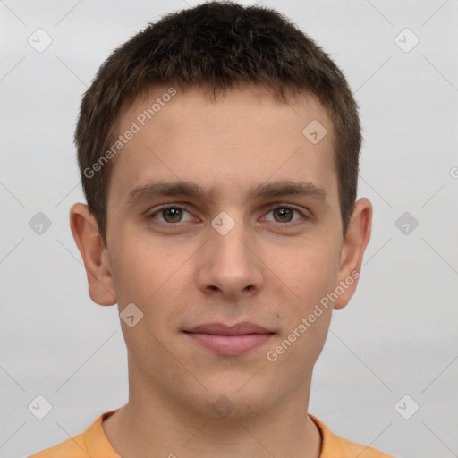 Neutral white young-adult male with short  brown hair and brown eyes