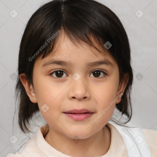 Joyful white child female with medium  brown hair and brown eyes