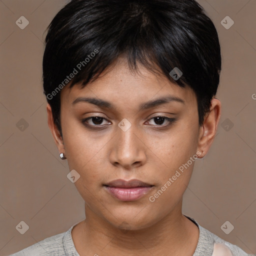 Neutral asian young-adult female with short  black hair and brown eyes