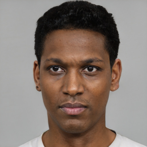 Neutral black young-adult male with short  black hair and brown eyes