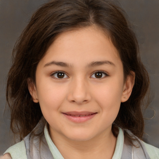 Joyful white child female with medium  brown hair and brown eyes