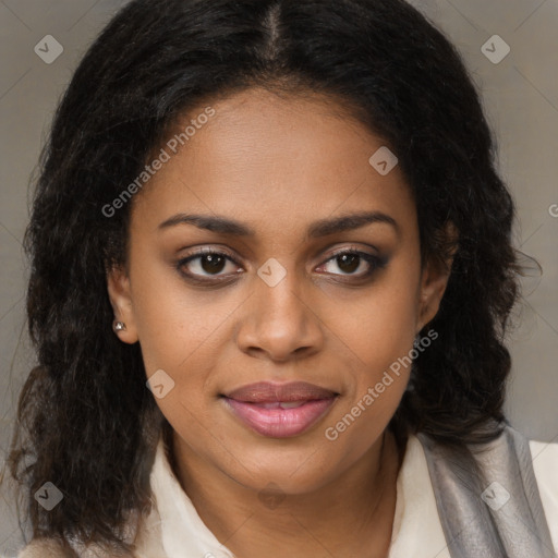 Joyful black young-adult female with medium  brown hair and brown eyes