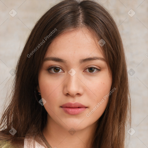 Neutral white young-adult female with long  brown hair and brown eyes