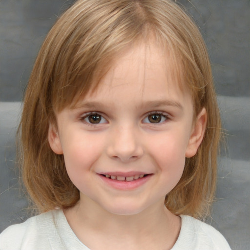 Joyful white child female with medium  brown hair and grey eyes