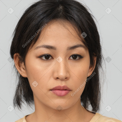 Neutral asian young-adult female with medium  brown hair and brown eyes