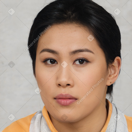 Neutral asian young-adult female with short  black hair and brown eyes