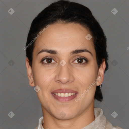 Joyful white young-adult female with short  brown hair and brown eyes