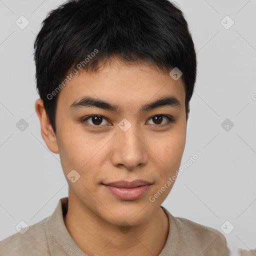 Joyful latino young-adult male with short  brown hair and brown eyes