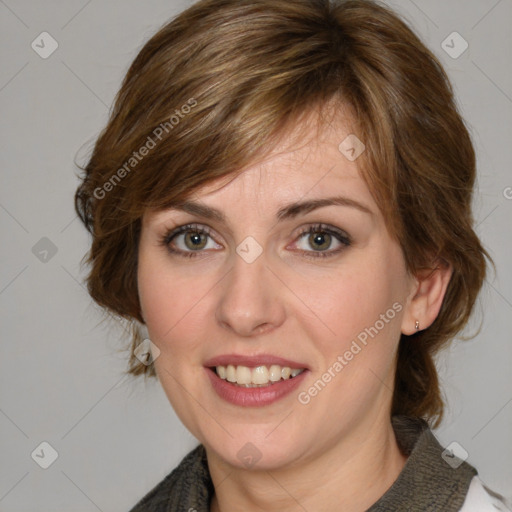 Joyful white young-adult female with medium  brown hair and blue eyes